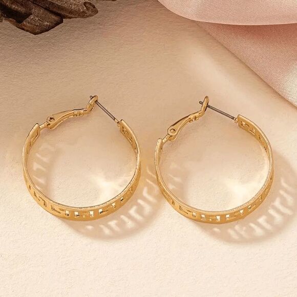 Gold Geometric Greek Cutout Hoop Earrings - Picture 4 of 6